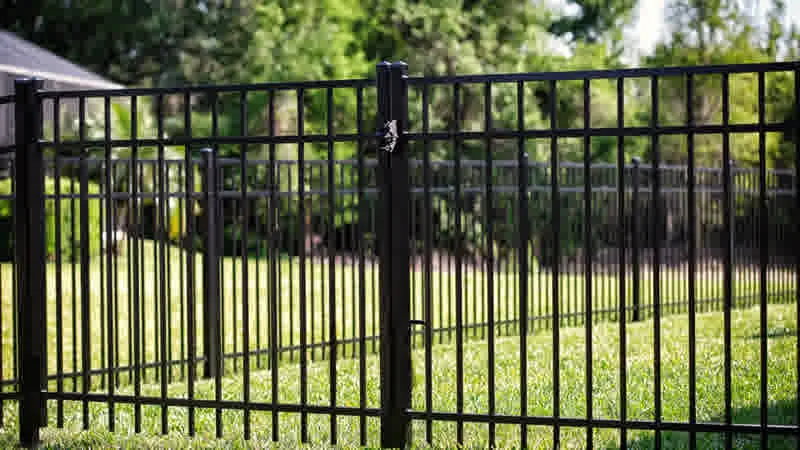 Black aluminum fence gate with matching latch beside a residential walkway