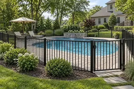Black aluminum safety fence surrounding a backyard swimming pool