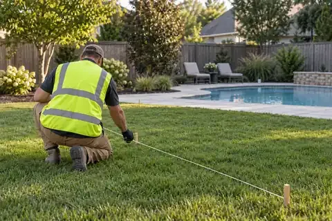 Contractor measuring a proposed pool fence line with stakes and string