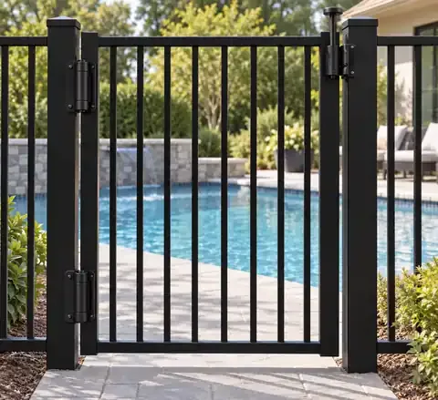 High-mounted latch and self-closing hinges on a black pool gate